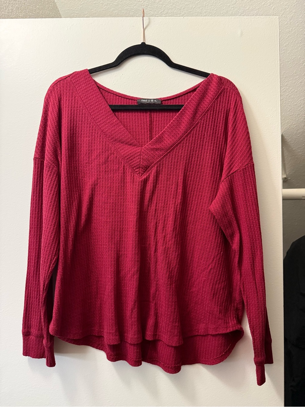 Relaxed Waffle V-Neck Long Sleeve Top - Raspberry